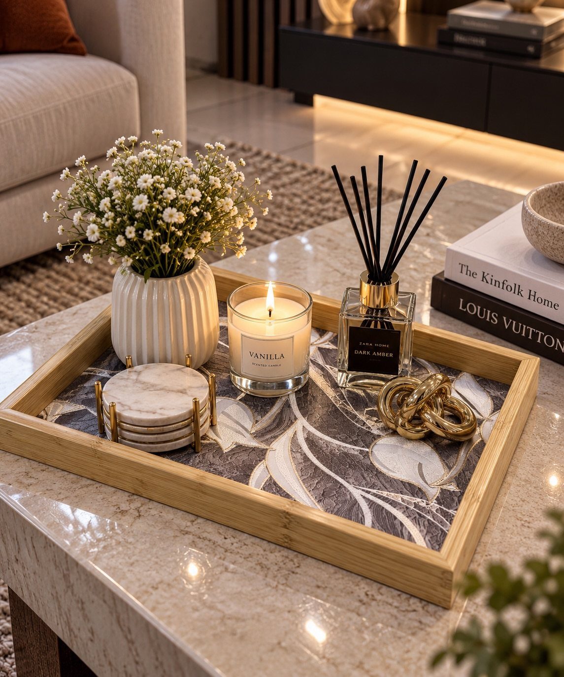 Wooden decorative tray on marble table with flowers, candle, and reed diffuser.