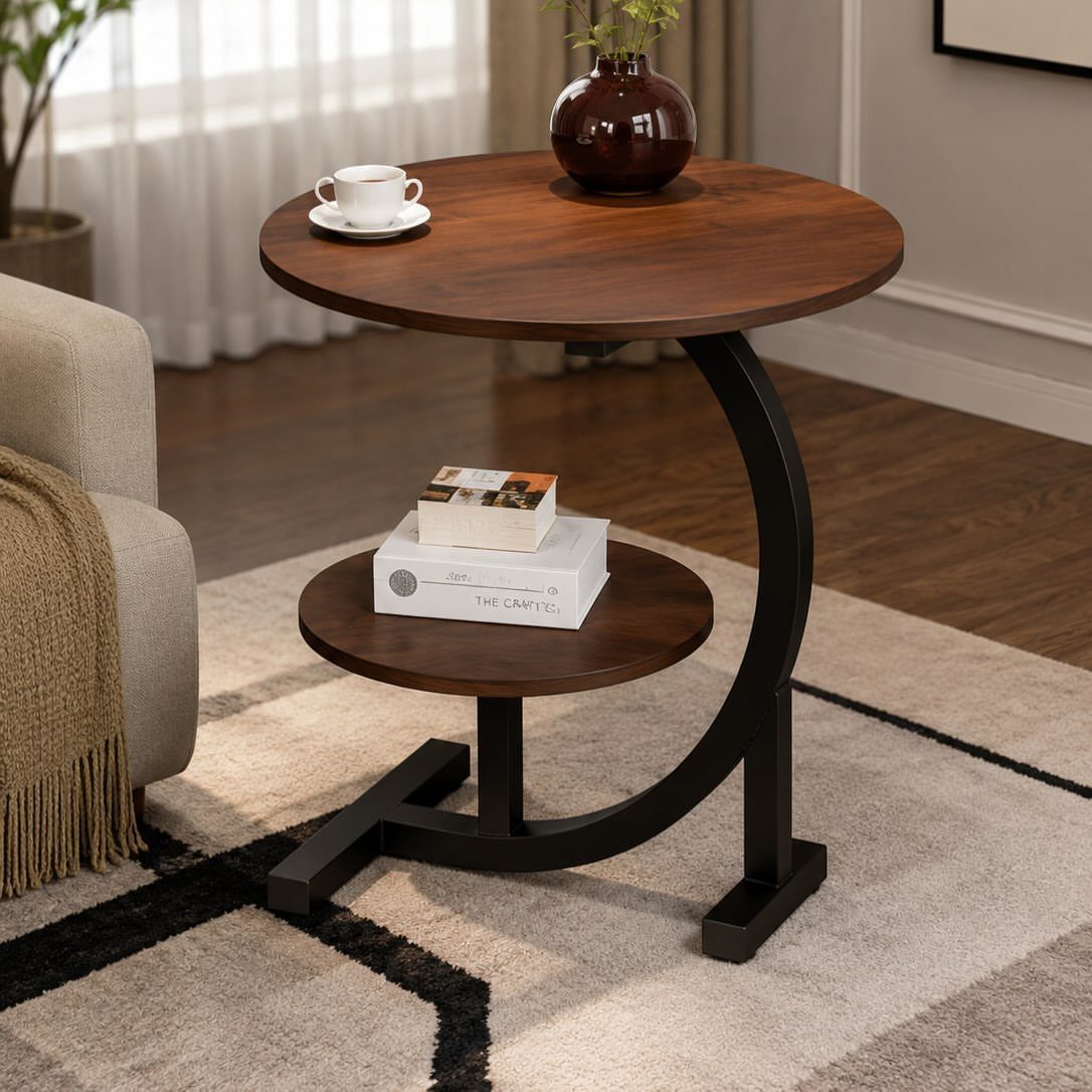 Round dark wood coffee table with curved black metal legs and decorative accessories.