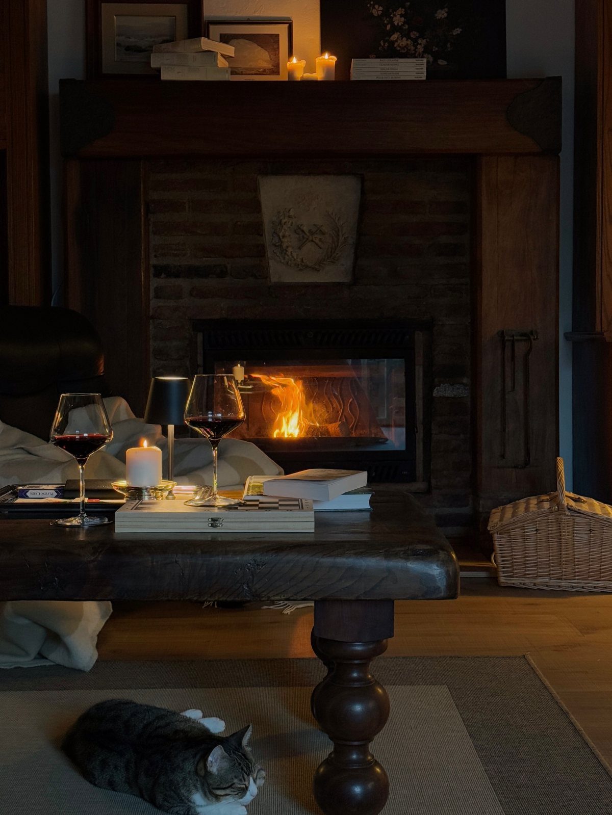 Cozy living room with a lit fireplace, wine glasses on a wooden table, and cat.