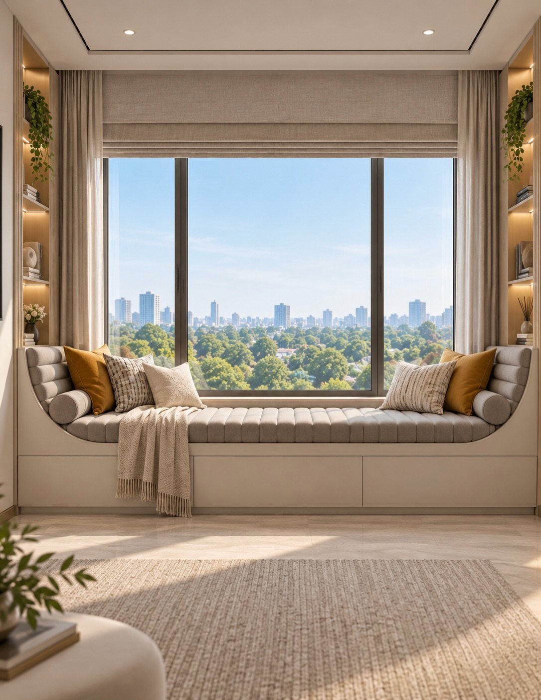Built-in window seat with grey cushions and pillows overlooking a city skyline view.