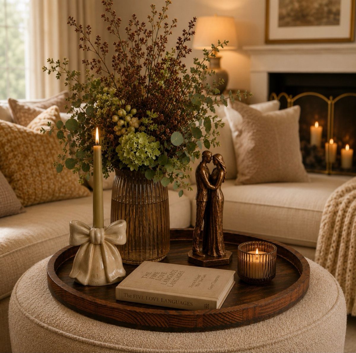 Round wooden decorative tray on a beige ottoman with candles and greenery