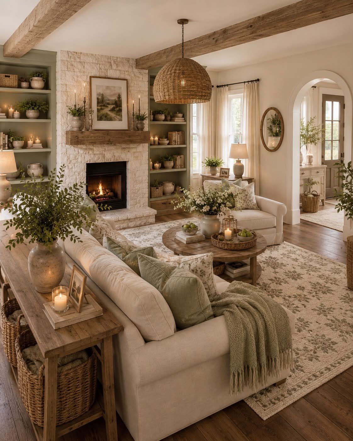Modern farmhouse living room with exposed beams, stone fireplace, and neutral cream furniture.