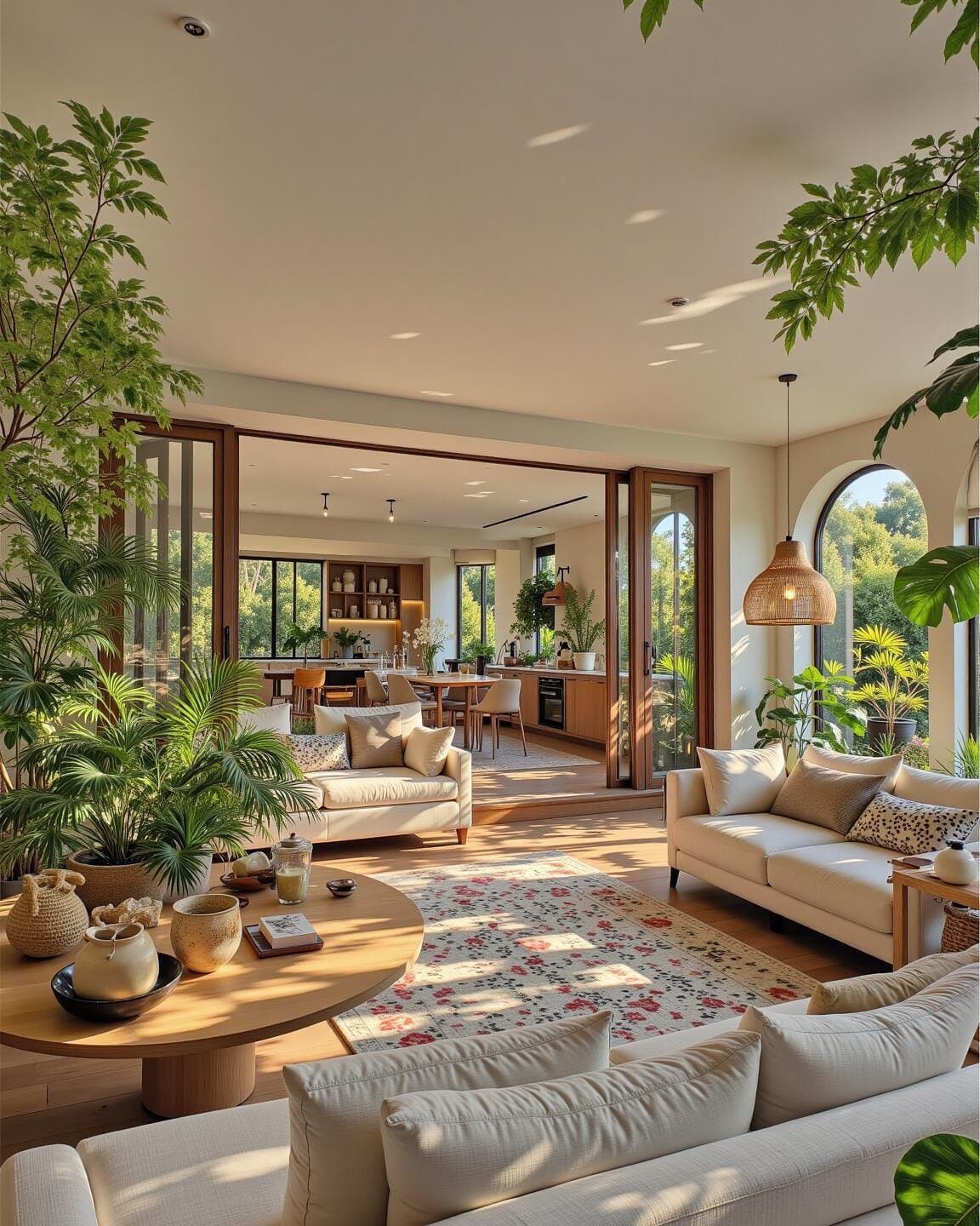 Bright living room with large glass sliding doors and an arched window.