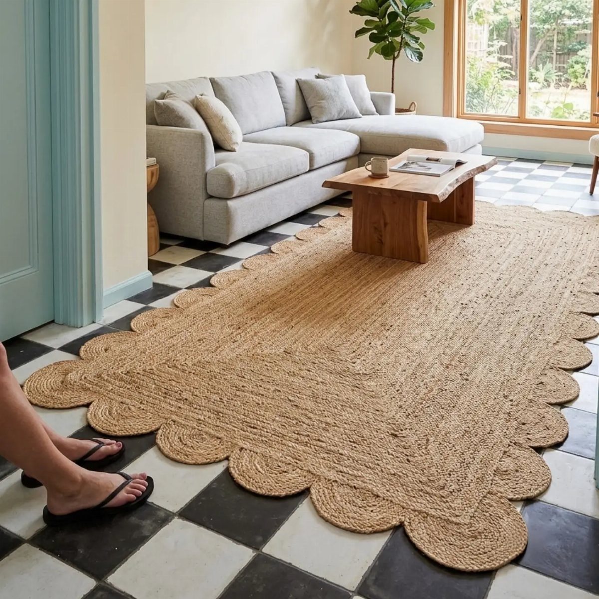 Woven jute rug with scalloped edges on a checkered tile living room floor.