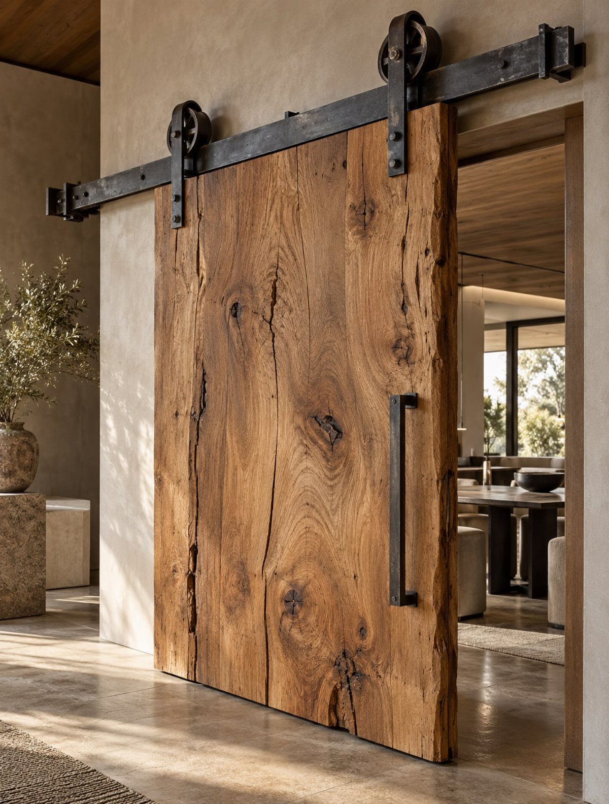 Rustic wooden sliding barn door on a black metal track in a modern interior