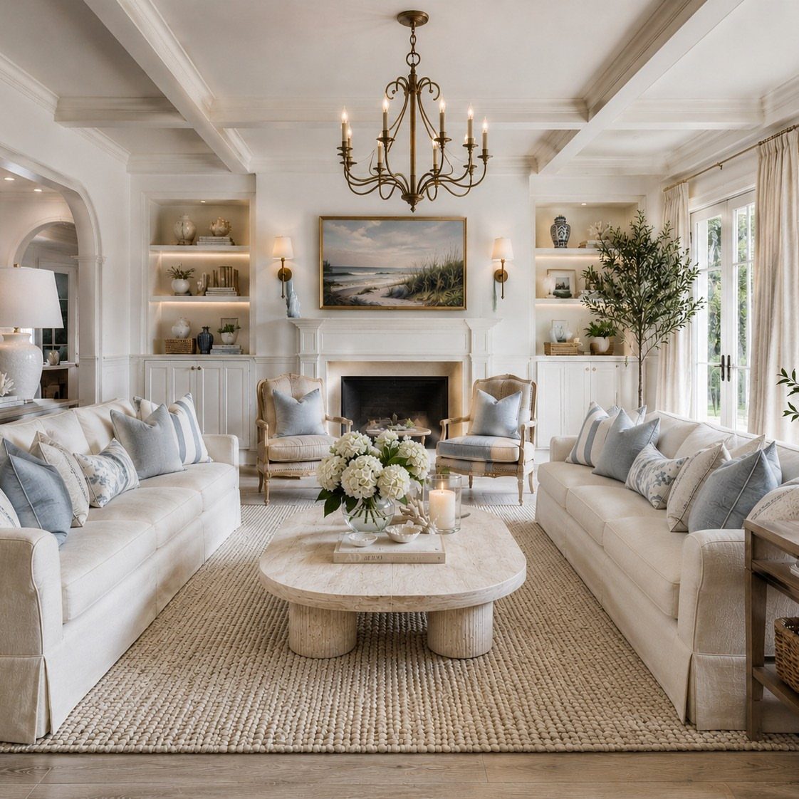 Modern farmhouse living room with white sofas, natural fiber rug, and wrought iron chandelier.