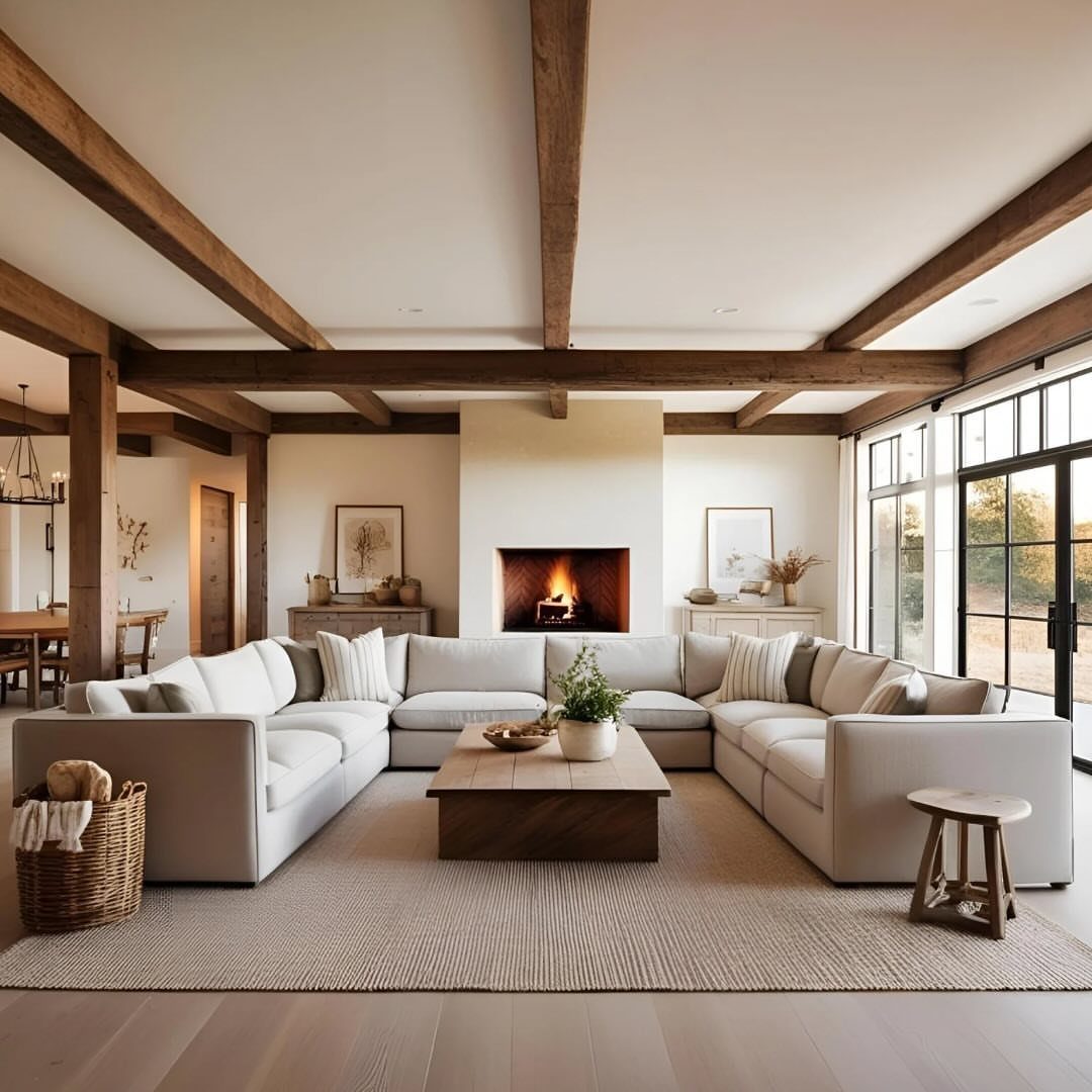 Modern farmhouse living room with white sectional, wooden beams, and a cozy fireplace.