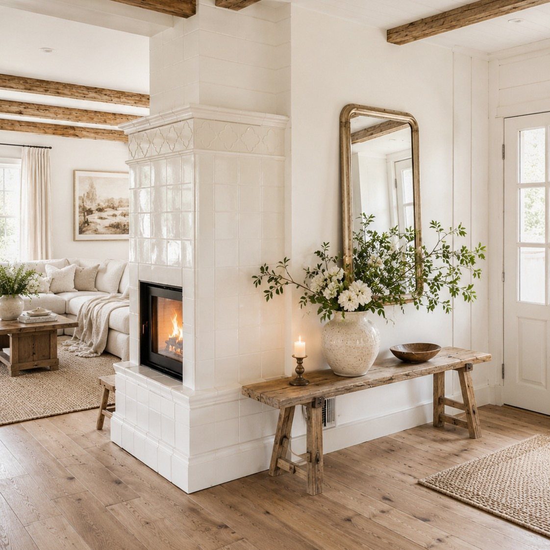 Modern farmhouse living room with white tiled fireplace, rustic wood beams and neutral furniture