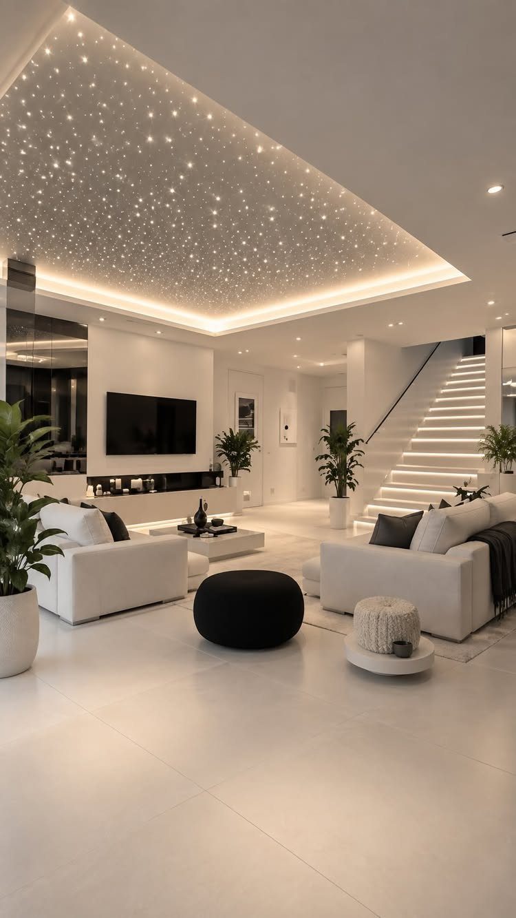 Modern white living room with a starry fiber optic ceiling and recessed lighting.