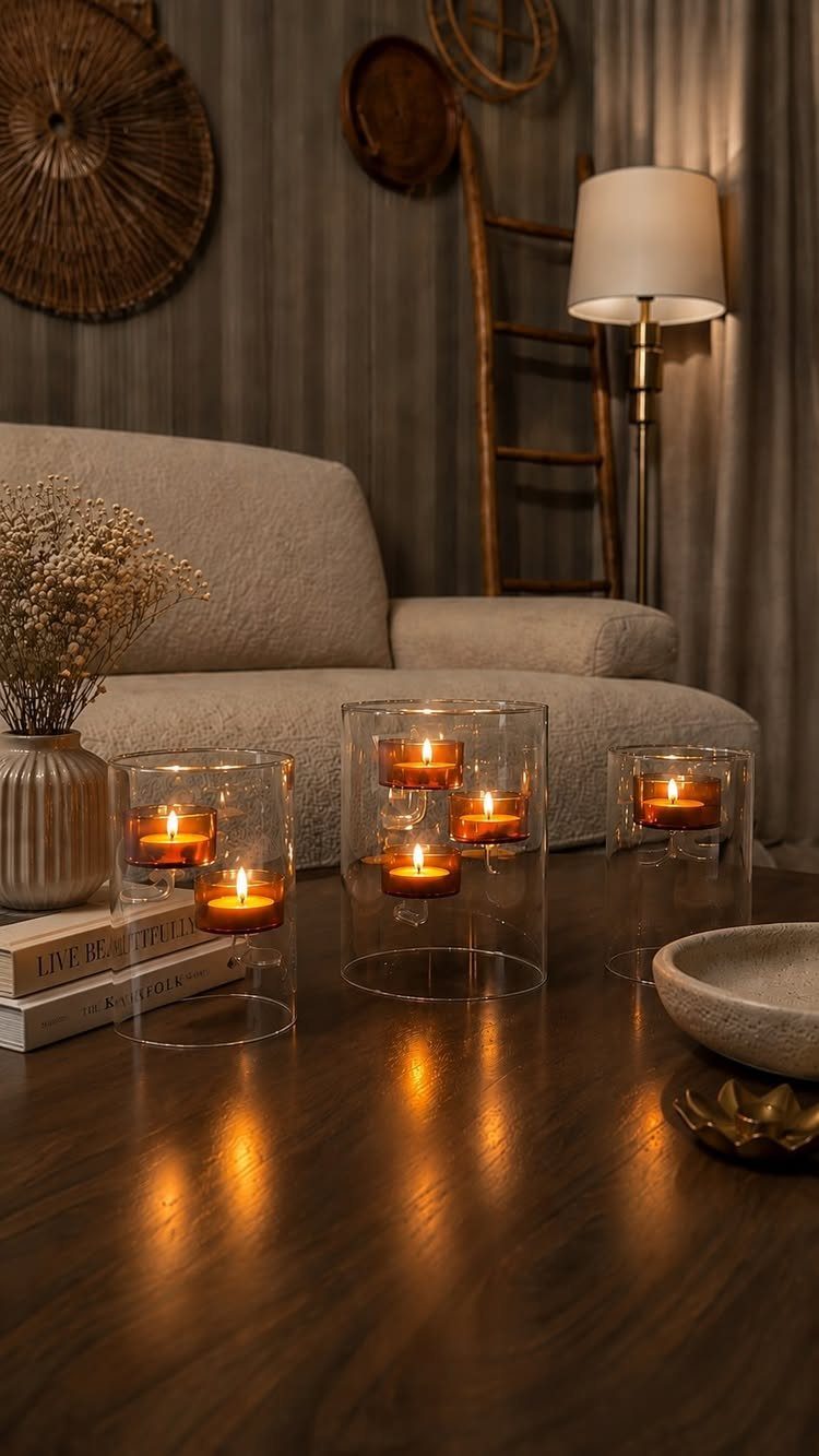 Floating candles in glass cylinders and a floor lamp illuminating a modern living room.