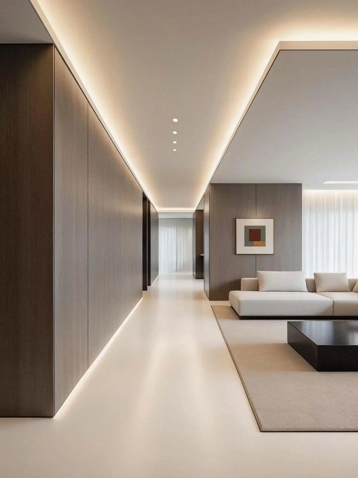 Recessed cove lighting illuminating a modern hallway and living room with wood panels.