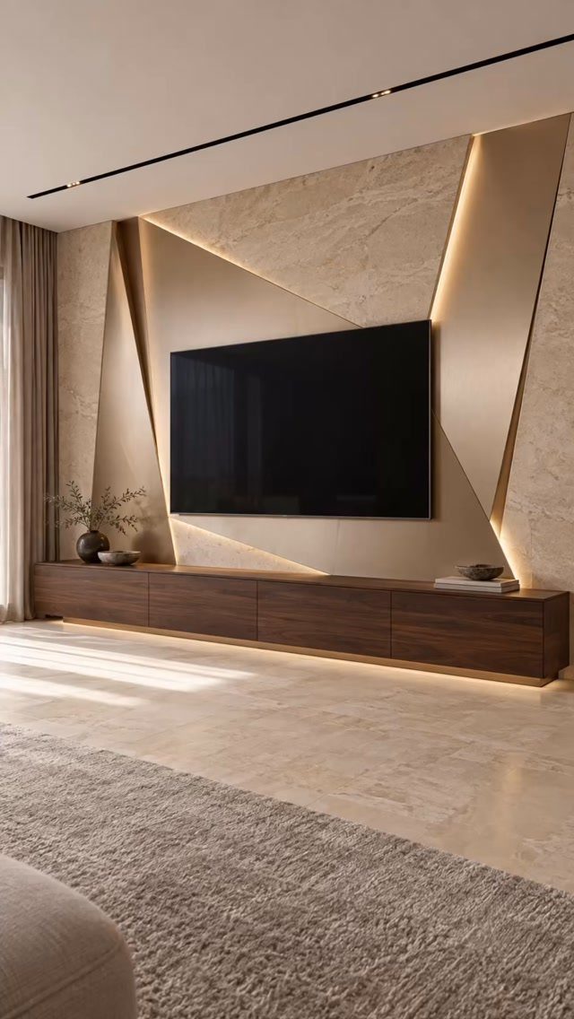 Modern living room with stone walls, wood console, and warm integrated LED lighting.
