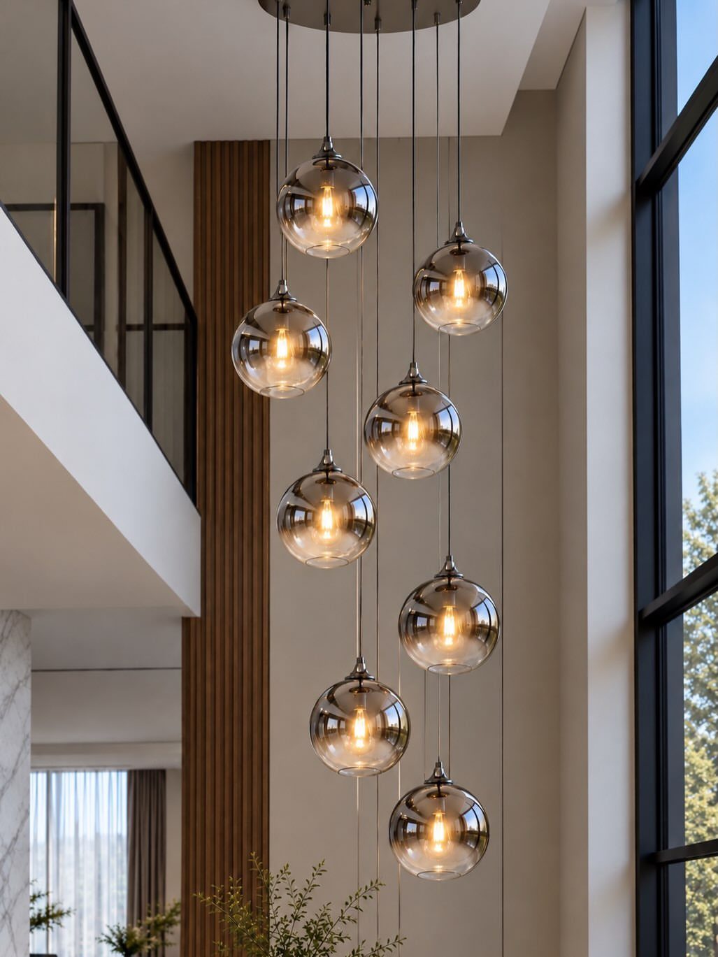 Spherical glass pendant lights hanging at different heights in a modern interior.