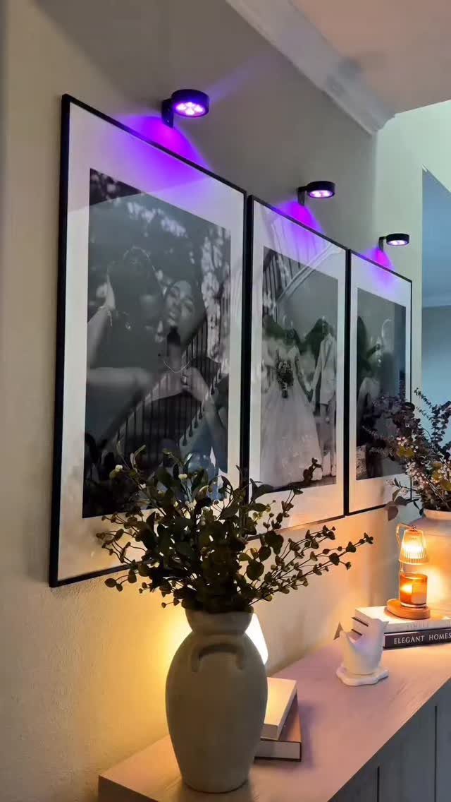 Three framed black and white photos lit by purple spotlights on a wall