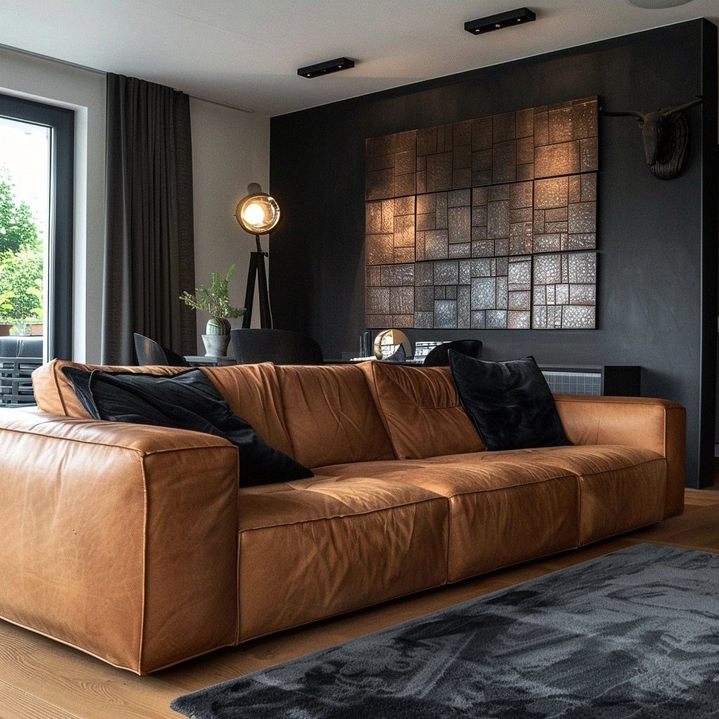 Caramel leather sofa with black pillows in a modern rustic living room setting.