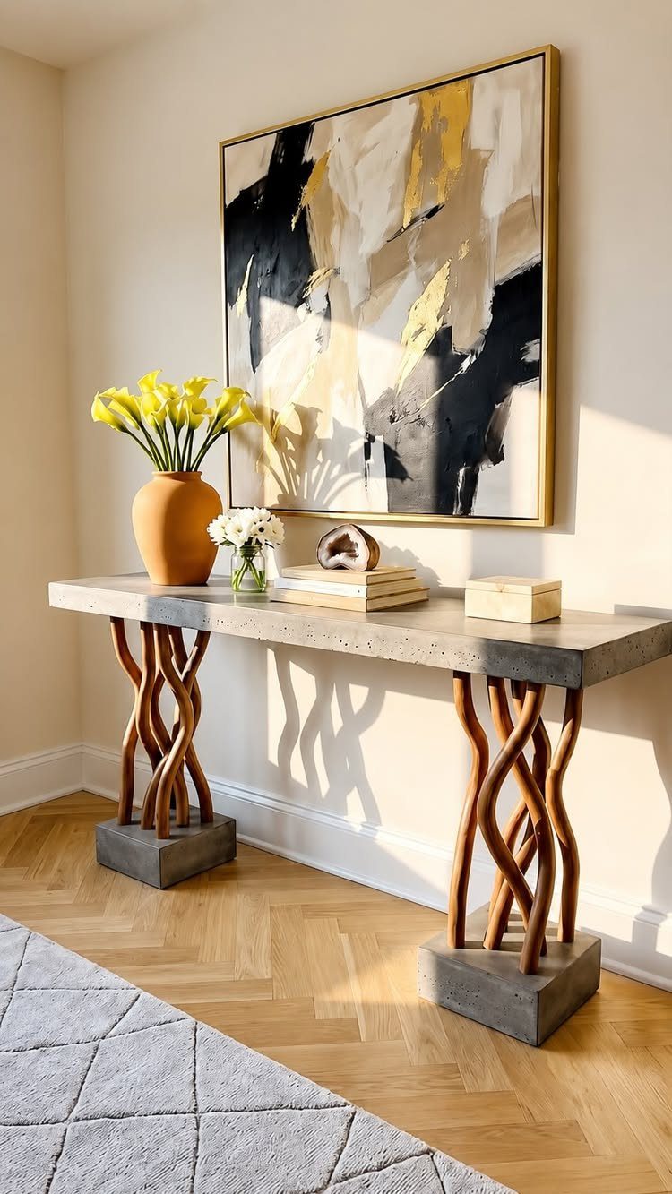 Concrete console table with twisting wooden legs and abstract art on the wall