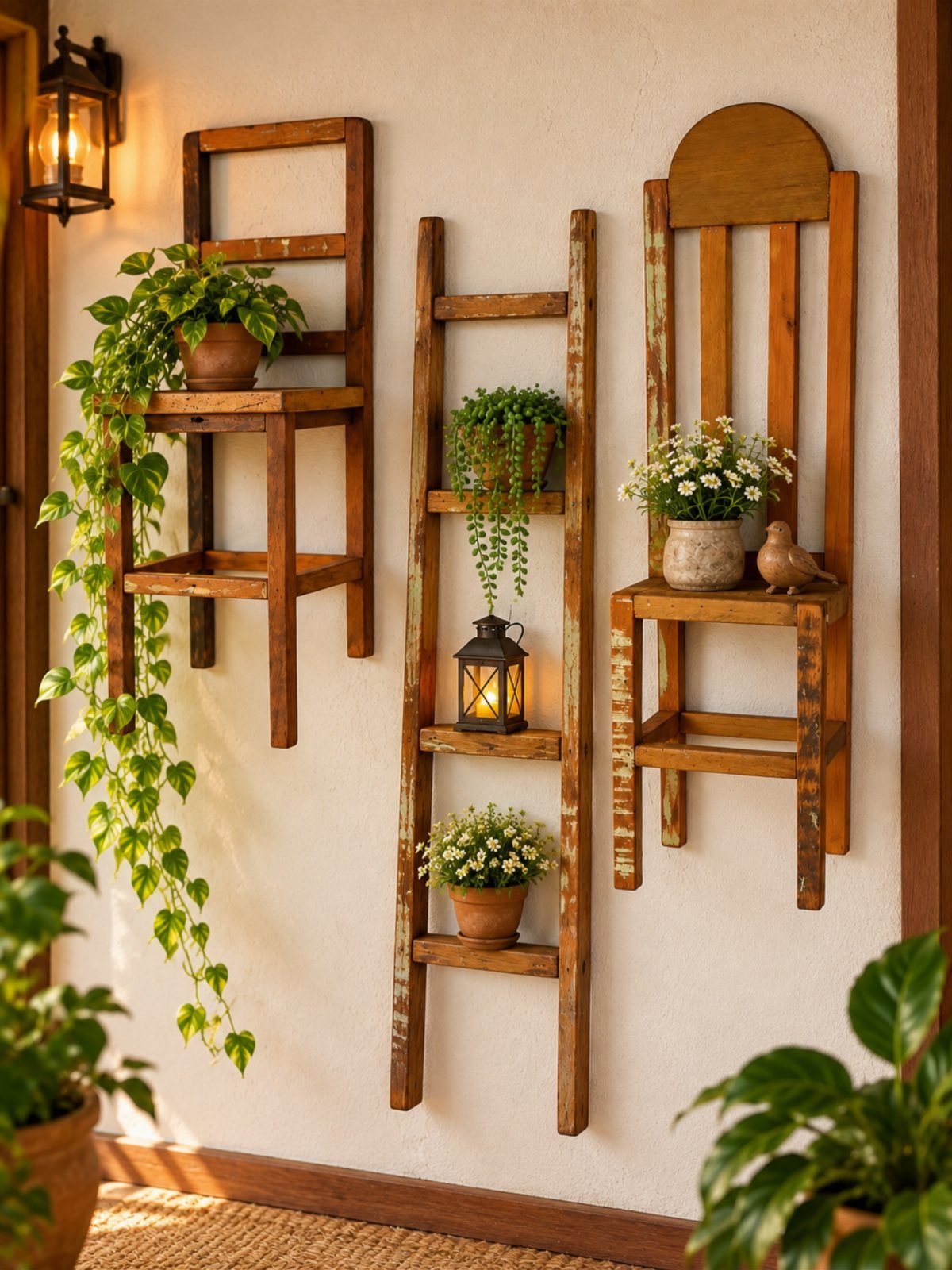 Wooden ladder shelf on a beige wall holding potted plants and a lantern.