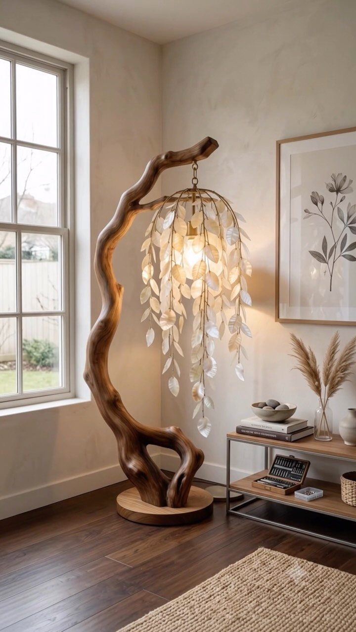Curved natural wood branch lamp with hanging crystal leaves in a rustic room.