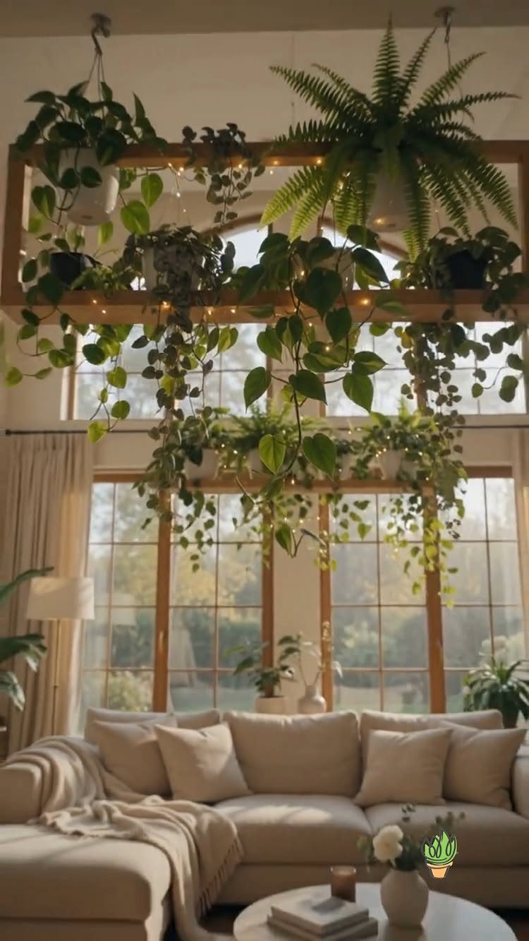 Beige sectional sofa in a bright room with overhead hanging plants and fairy lights.