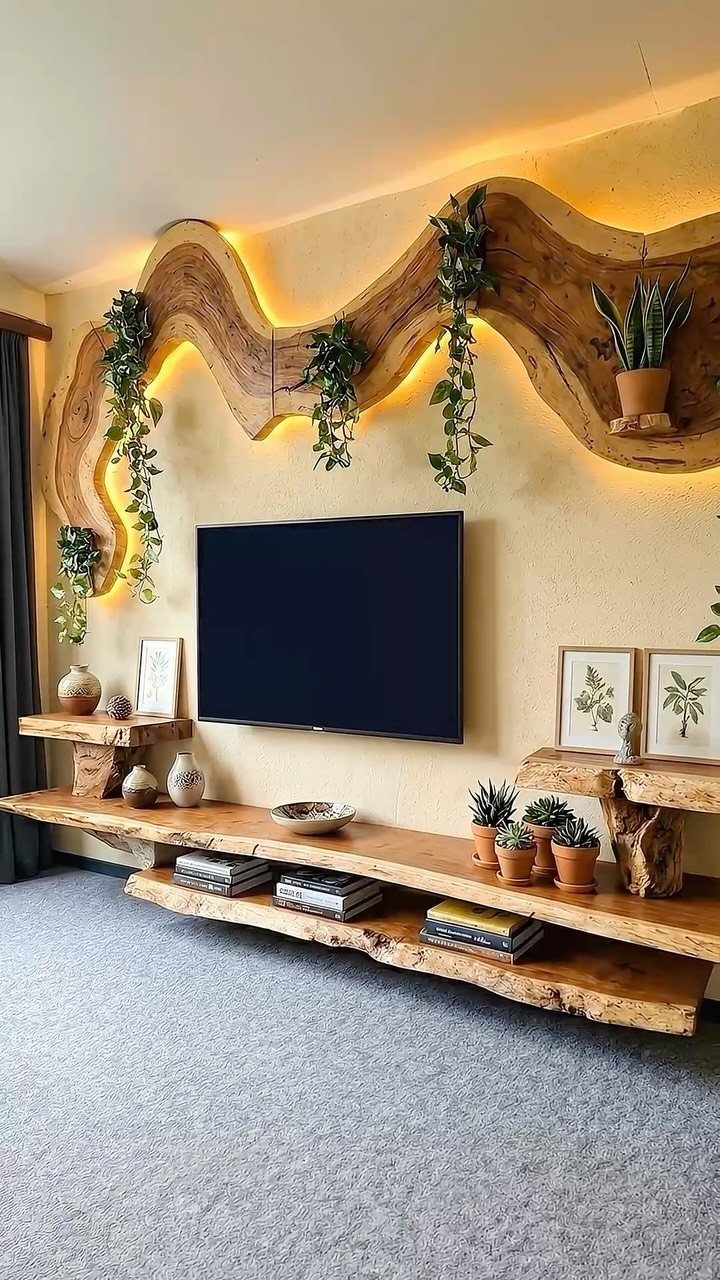 Live-edge wooden shelves with integrated lighting and trailing plants above a television.