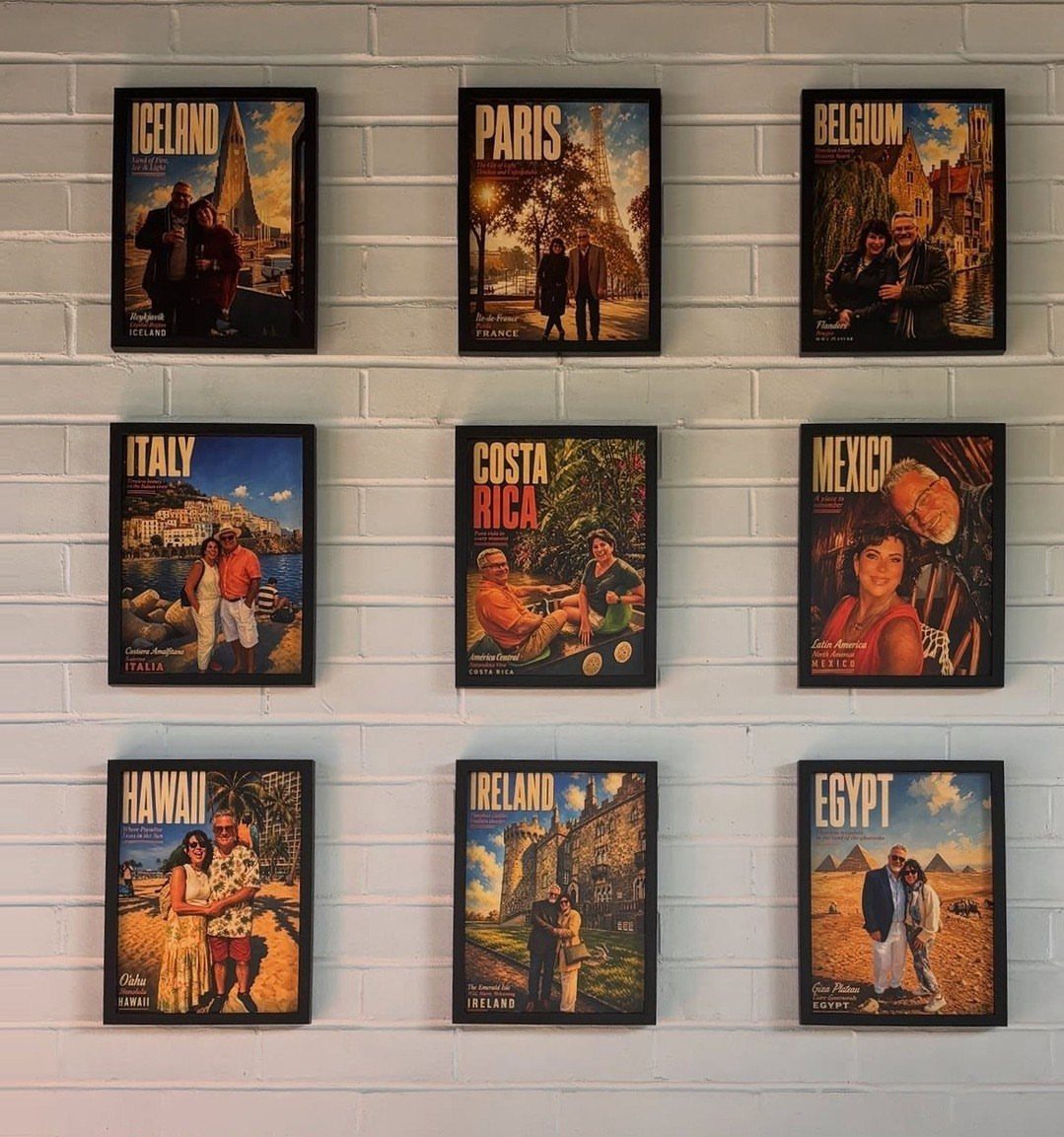 Nine framed travel photos of a couple arranged on a white brick wall.