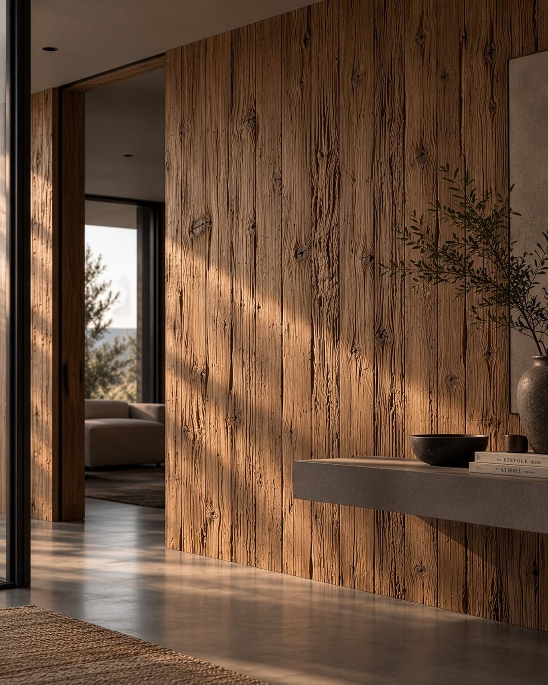 Wooden plank accent wall with a concrete floating shelf and green plant branches.