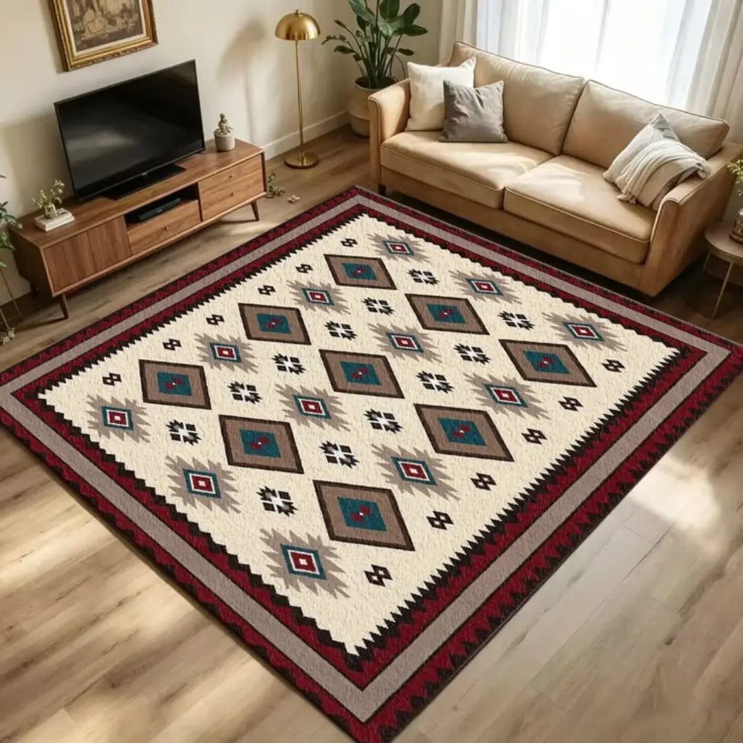 Geometric woven rug in red and cream on a light wood floor.