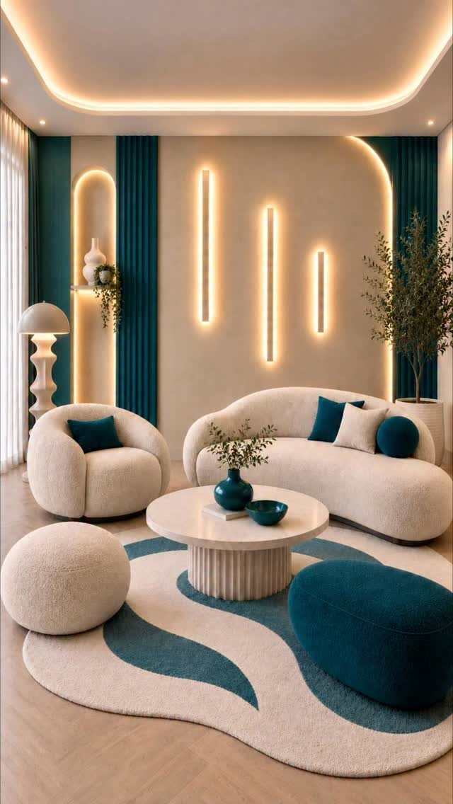 Modern living room featuring teal curtains, white curved furniture, and a blue patterned rug.