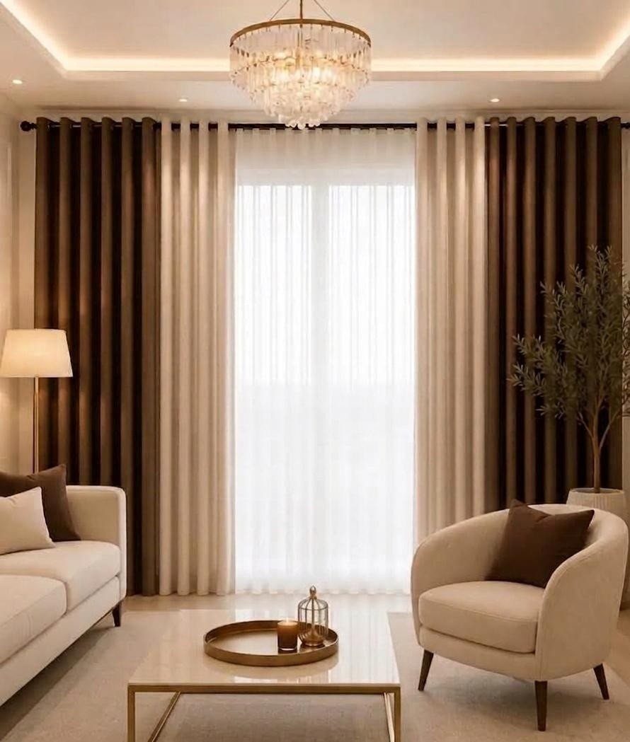 Brown and cream alternating curtains in a modern living room with neutral furniture.