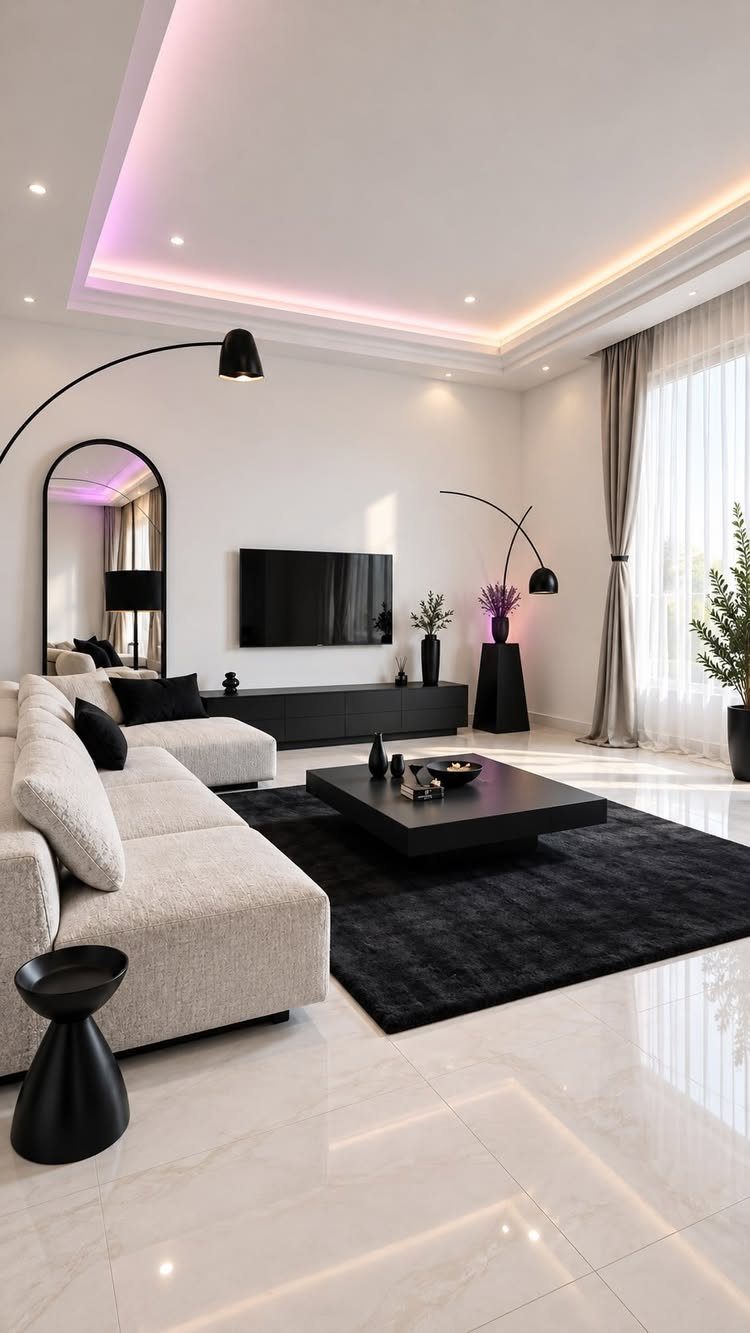 Modern living room with black coffee table, rug, and lamps against white walls.