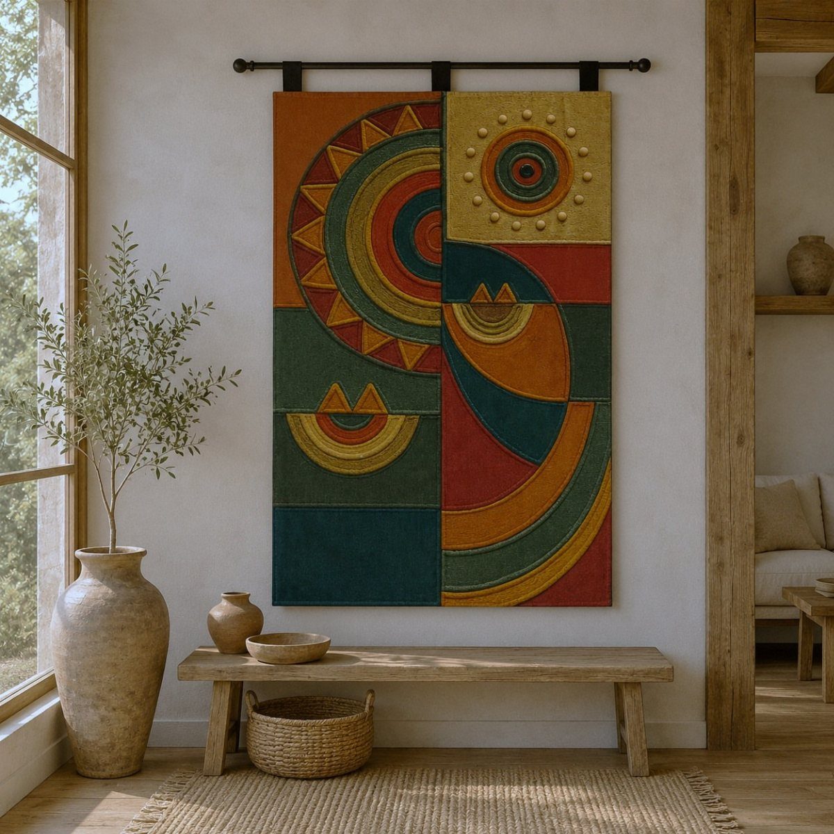 Colorful geometric woven wall tapestry hanging above a wooden bench and clay vase.