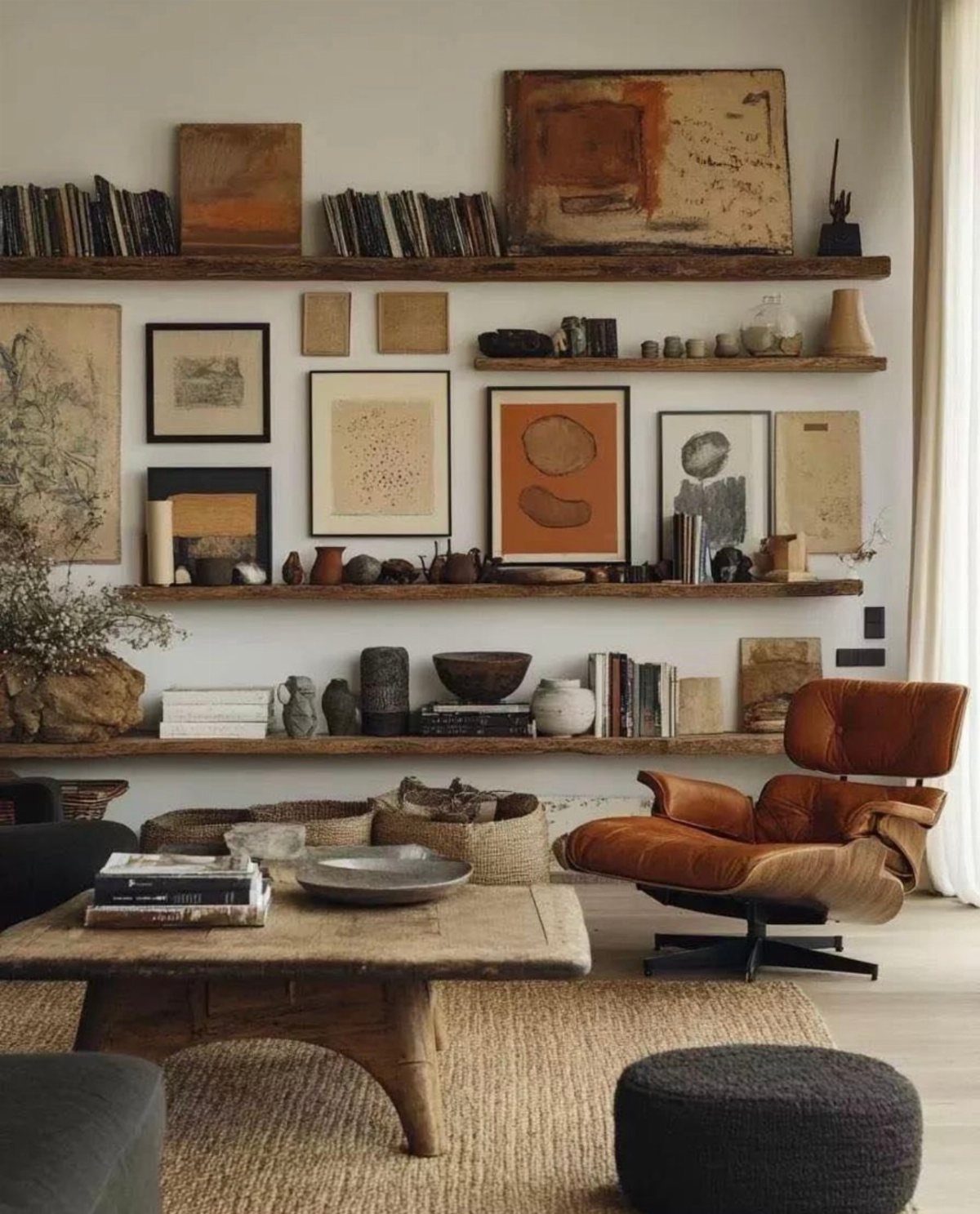 Wooden floating gallery shelves displaying art and books above a leather lounge chair.