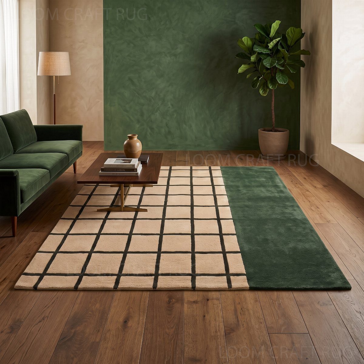 Geometric area rug with beige grid and green section in a modern living room