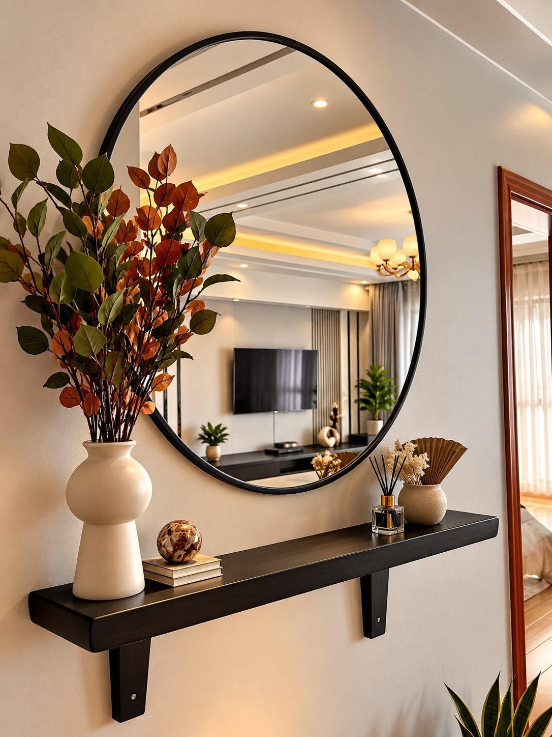 Oval mirror with black frame above a black shelf with autumn leaves.