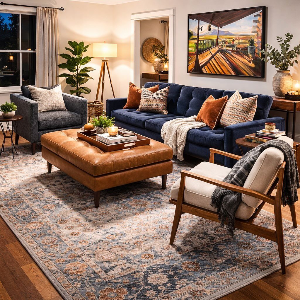 Mid-century modern living room with navy sofa, leather ottoman, and patterned area rug.