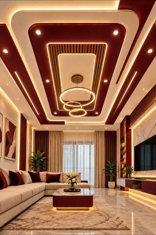 Modern living room featuring a gold circular chandelier and recessed ceiling lighting.