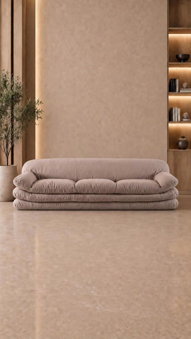 Plush beige modern sofa in a minimalist living room with warm lighting and plants