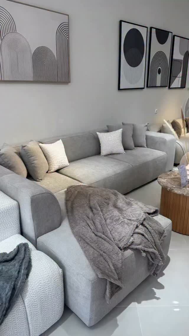 Light grey L-shaped sectional sofa with throw pillows in a modern living room.
