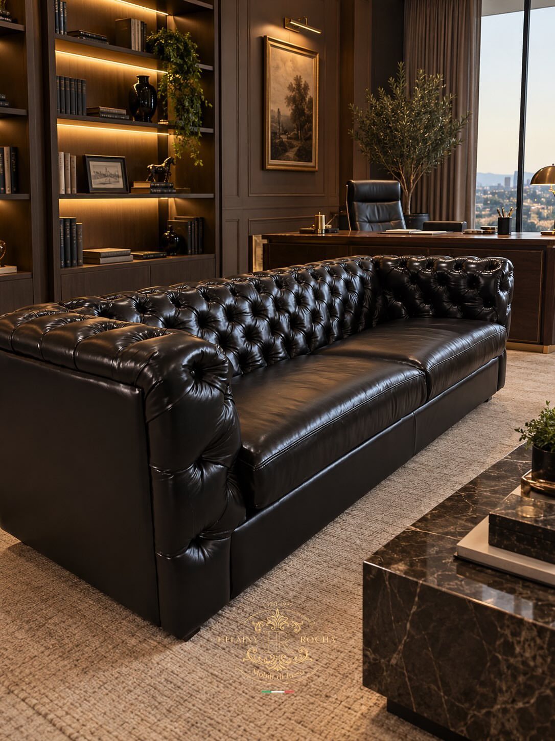Black tufted leather Chesterfield sofa in a luxury office with dark wood paneling.