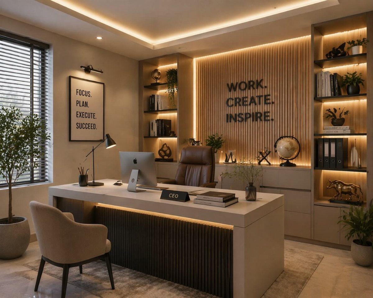 Modern office with a framed motivational quote and sleek black furniture accents.