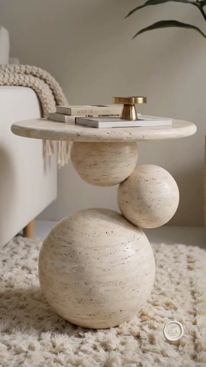 Travertine side table with spherical base on a white shag rug next to sofa