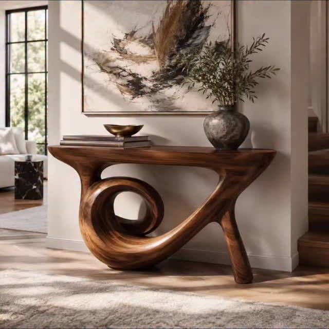 Curved organic wooden console table with a vase and abstract art in a living room