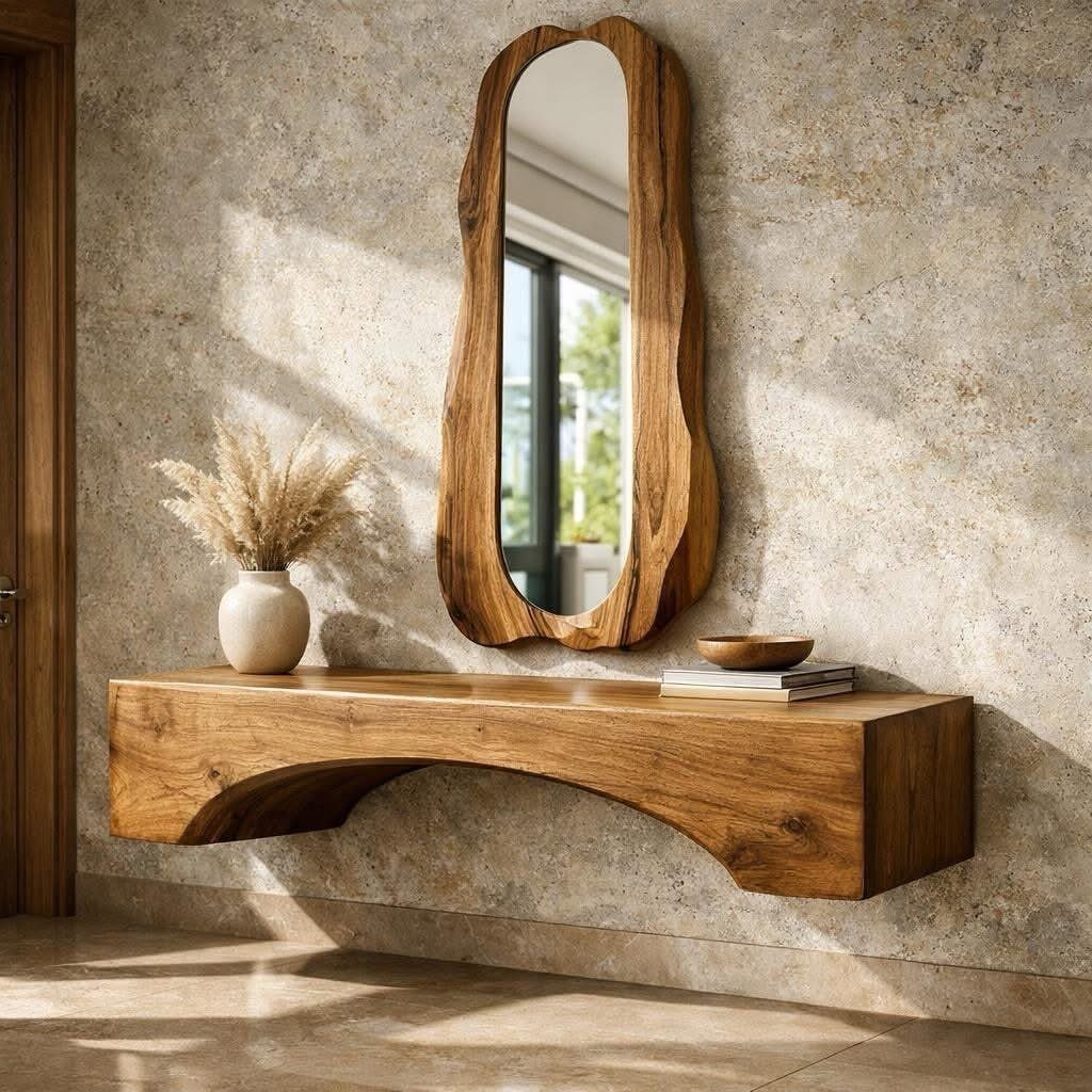 Floating wooden console table and organic mirror against a textured stone wall