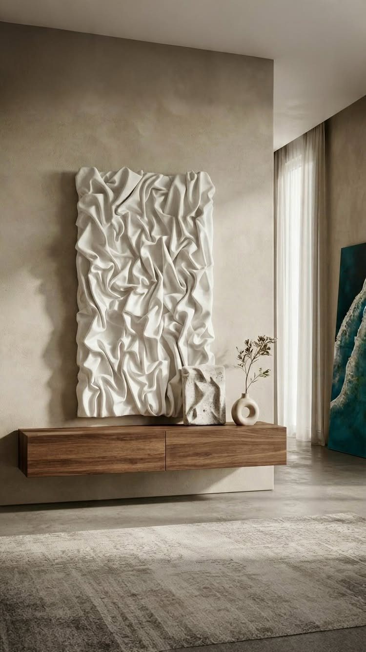 White sculptural wall art above a floating wooden console in a neutral room