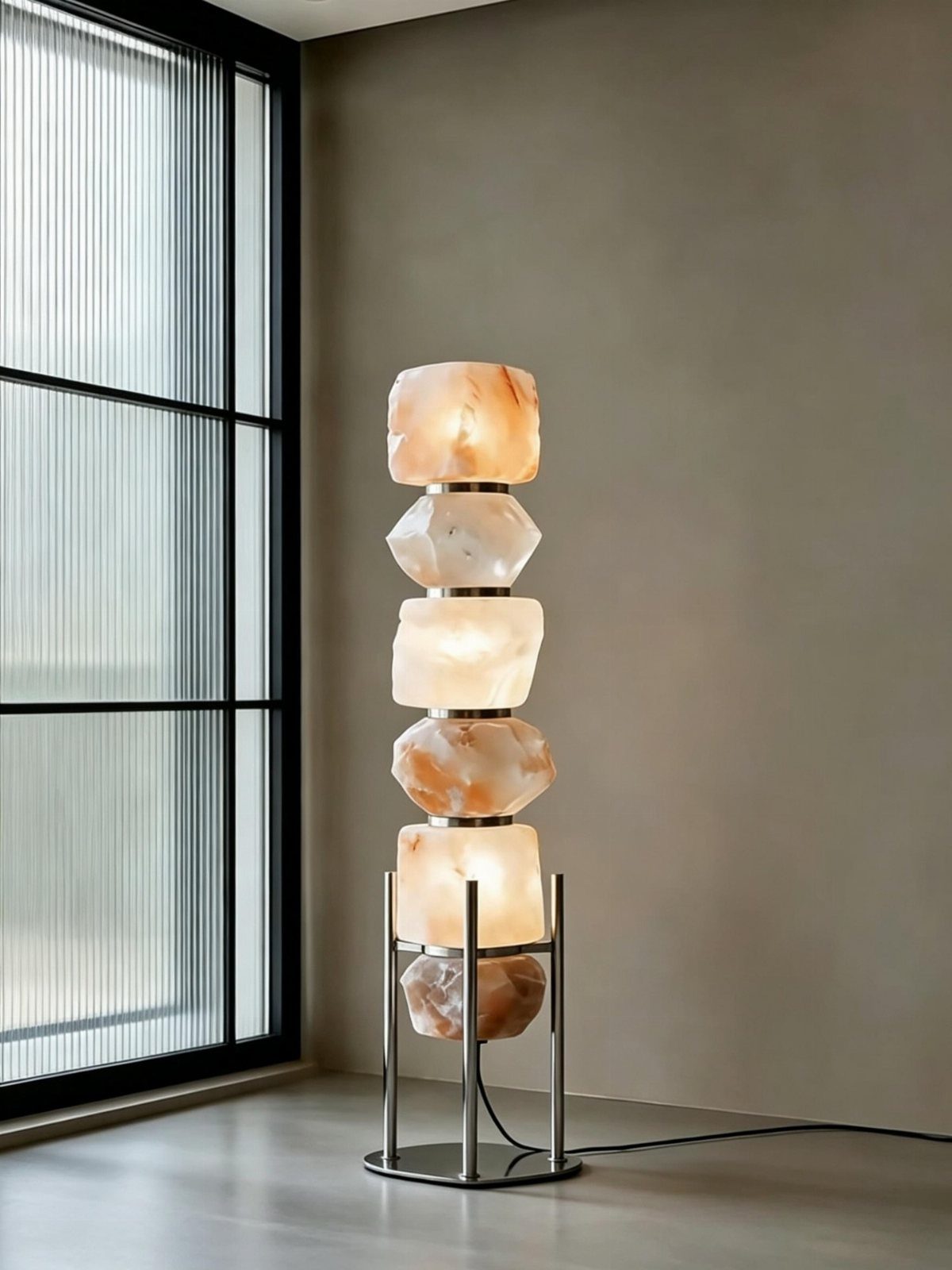 Glowing crystalline stone floor lamp standing beside a black-framed fluted glass window.