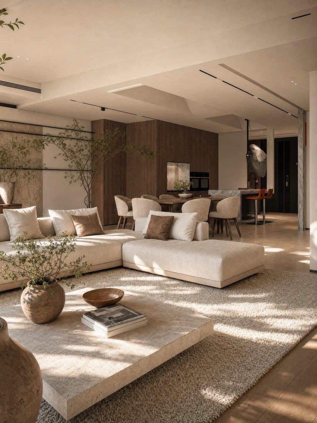 Cream sectional sofa and stone coffee table in a neutral toned modern living room