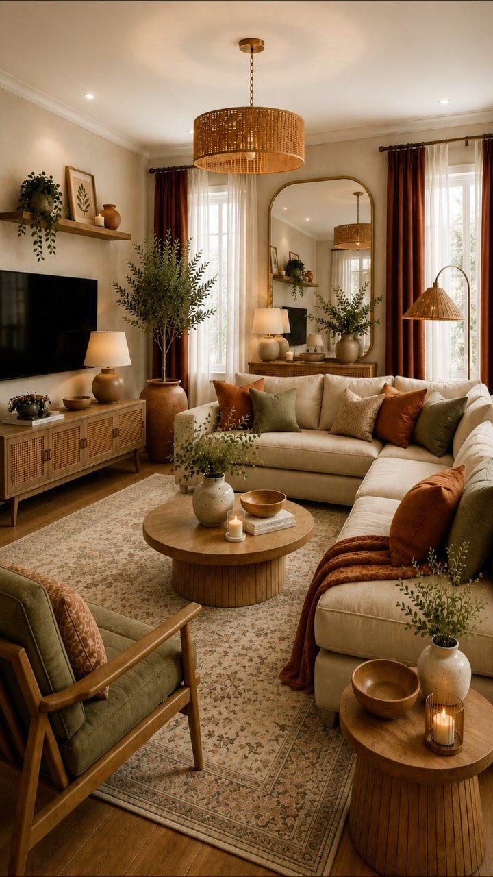 Living room with cream sofa, terracotta curtains, and earthy green and orange accents.