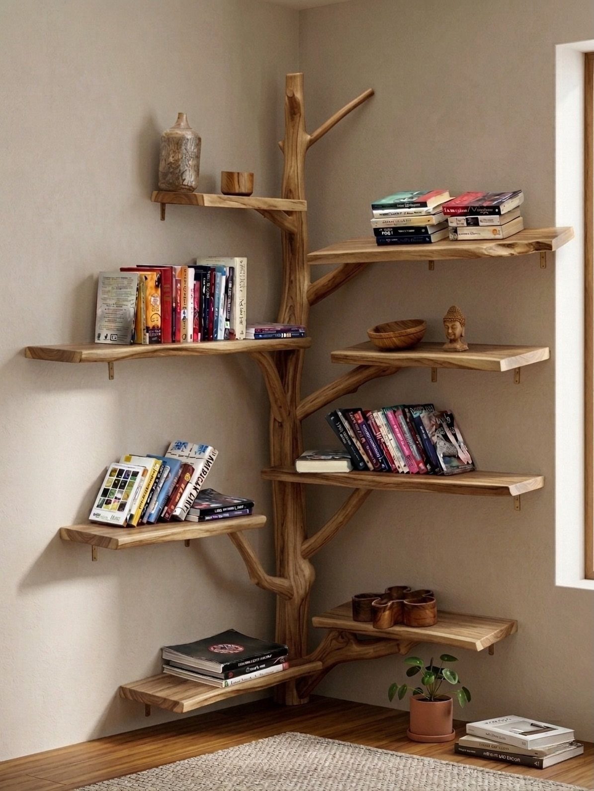 Tree trunk bookshelf with live-edge wooden shelves holding books against beige walls.