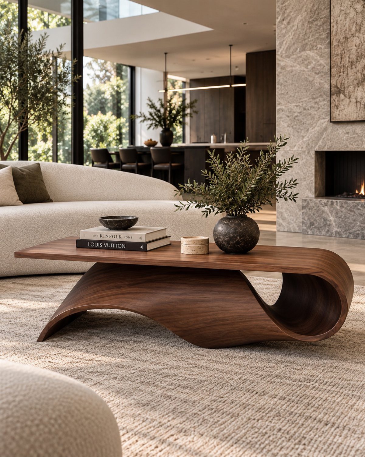 Curved dark wood sculptural coffee table on a neutral rug in modern living room