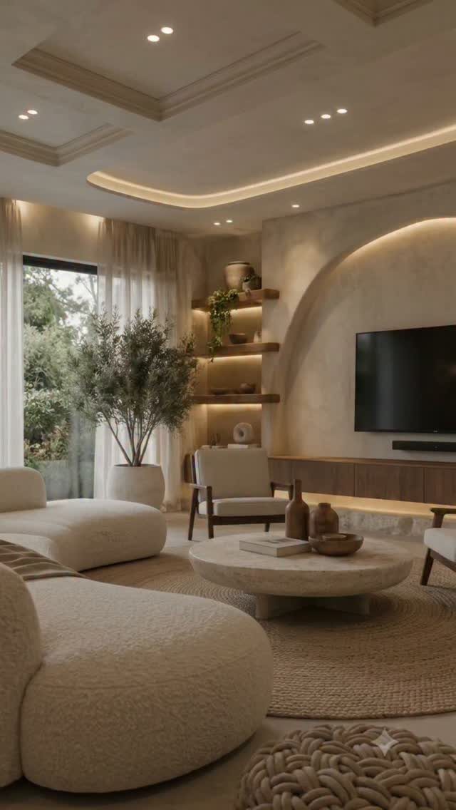 Modern living room with warm cove lighting, curved cream sofas, and stone coffee table.